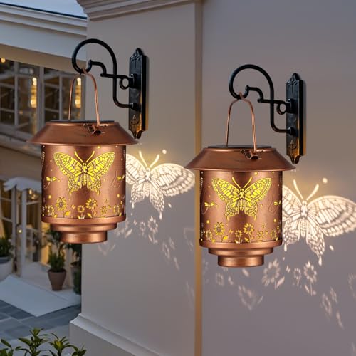 Lanterne solaire d'extérieur suspendue en métal ajouré papillon pour déco de jardin et patio x2