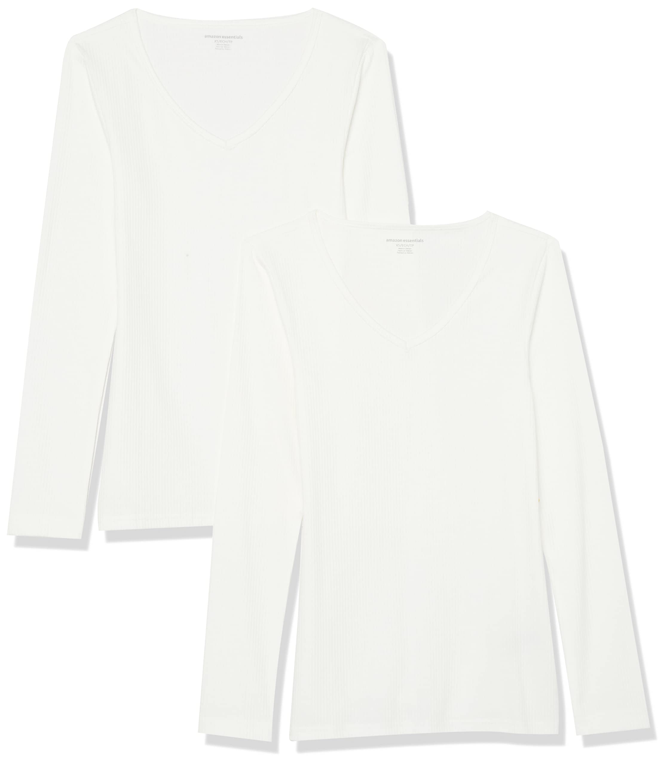 Amazon Essentials Women's Multi-Layer Slim Fit Long Sleeve Ribbed V-Neck Knit Shirts (Plus Size) - Pack of 2