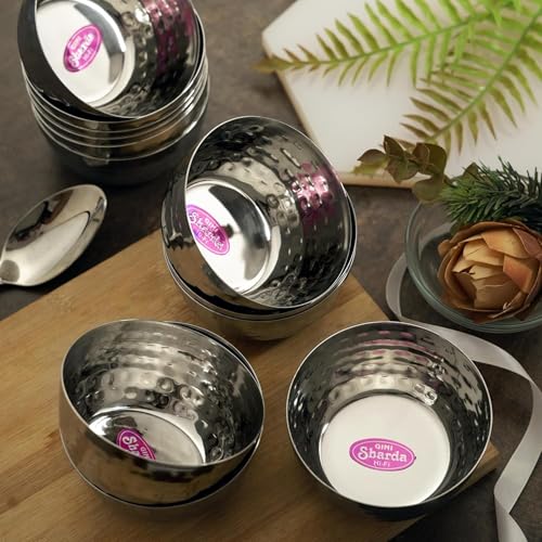 Image of Sharda Metals Hammered Stainless Steel Bowl for Curry, Dal, Halwa, Dessert, Soup, Vegetable Serving Katori Set, Mathar Bowls, Wati, Vati - Set of 6