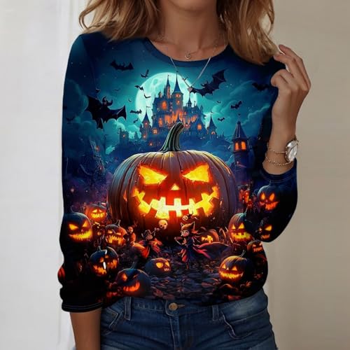 Halloween Shirts for Women Long Sleeve Plus Size Fashion Crewneck Comfortable Tshirts Halloween Costumes for Women
