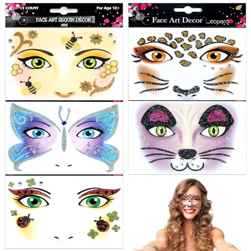 TOPJOWGA 5 Pezzi Face Art Sticker, Adesivi per Tatuaggi e Arte, Adesivi per Tatuaggi Facciali, Leopardo, Api, Farfalle, Gatto, Coccinella, Tatuaggio Temporaneo per Carnevale Halloween Cosplay