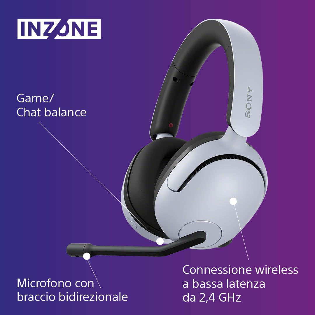 Sony INZONE H5 - Cuffie gaming wireless, Suono spaziale 360°, Batteria 28h, Microfono AI, Compatibili PC PS5, Bianco