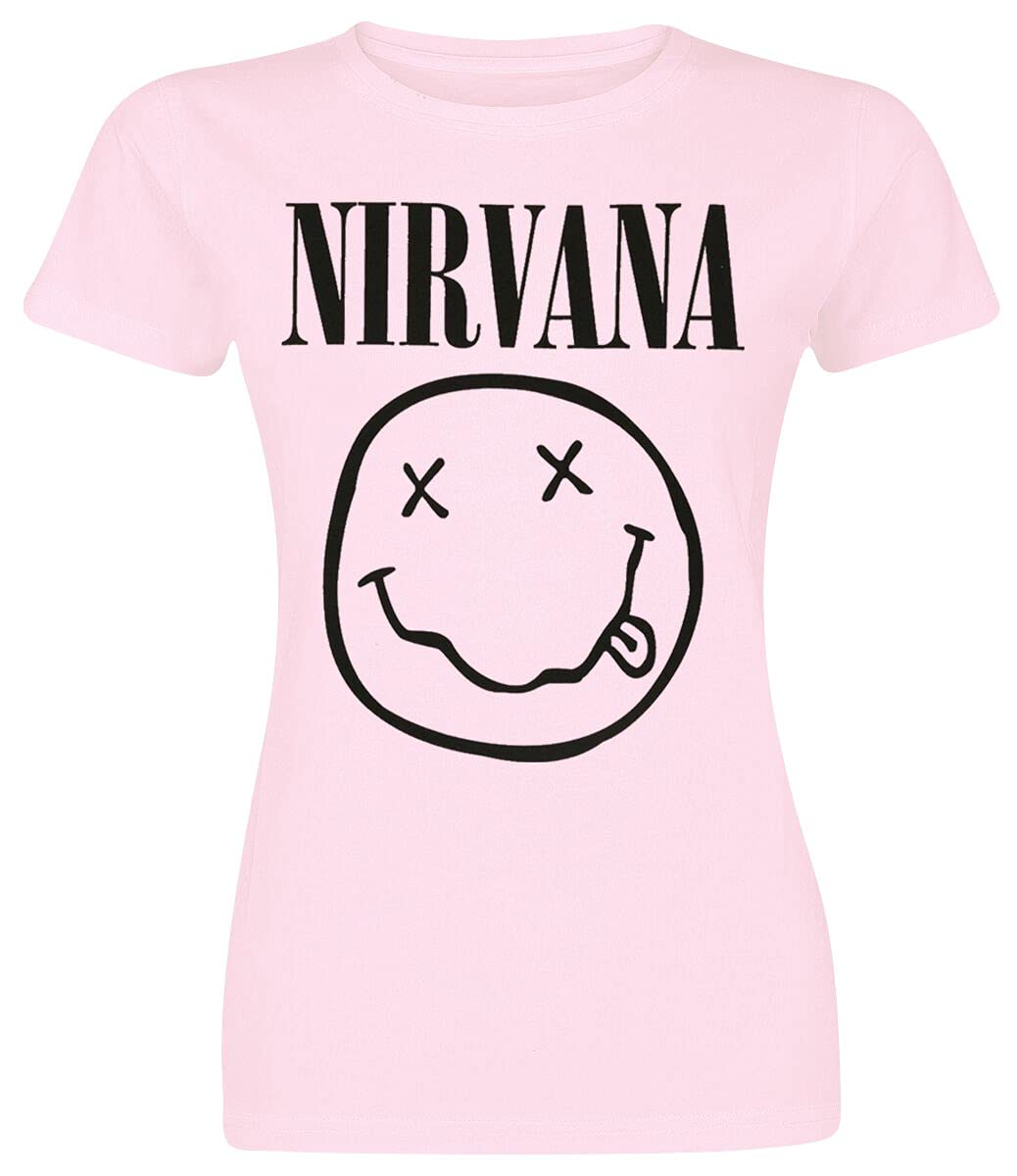 Nirvana Smiley Femme T-Shirt Manches Courtes Rose Clair XL, 100% Coton, Regular/Coupe Standard - Les Beatles, Paul McCartney, John Lennon, RIngo Starr, George Harrison Nirvana Smiley Femme T-Shirt Manches Courtes Rose Clair XL, 100% Coton, Regular/Coupe Standard