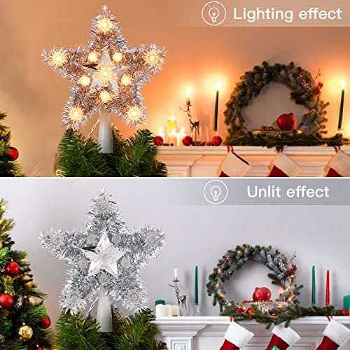 Christmas Star Tree Topper Built In 11 Bulbs Reflective Foil Fringe Star Tree Top (4 Bulbs 2 Fuses Spare) For Christmas Tree Decor #TOP5