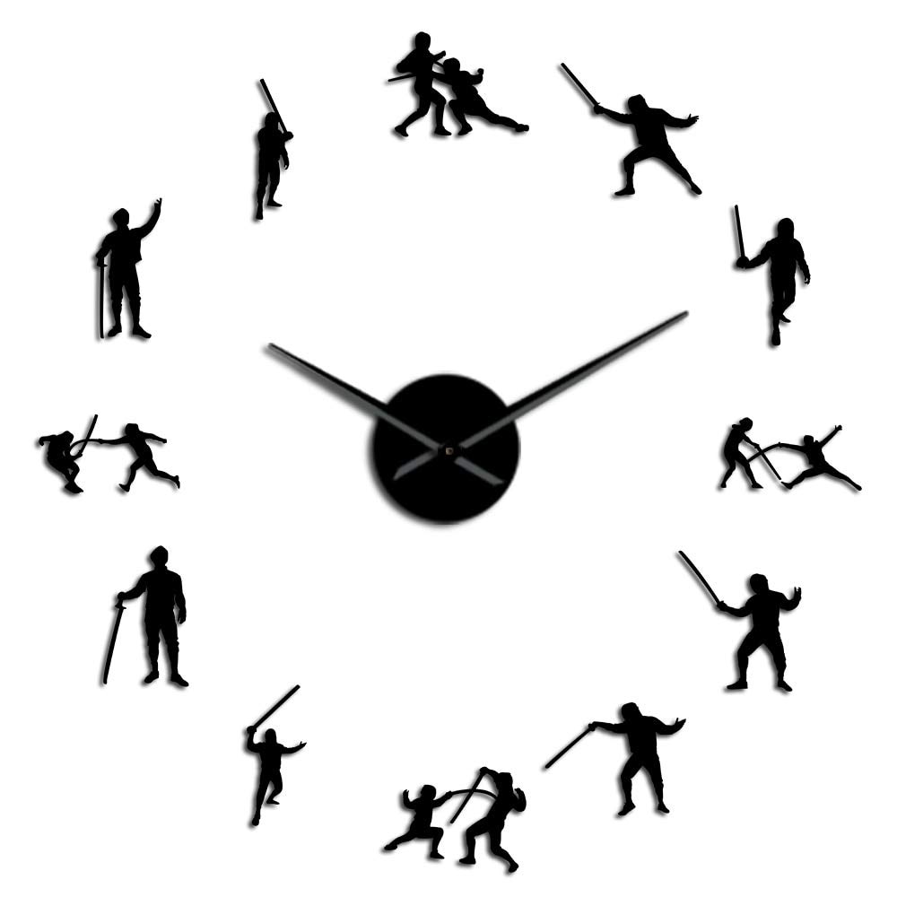 VCS Fencing Modern Design Giant Wall Clock Fencer Swordman Acrylic Mirror Stickers Boys Room Silent Non Ticking Frameless Big Clock(Black,47inch)