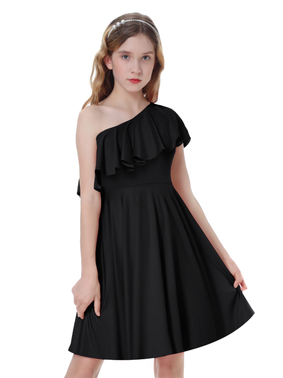 Mebius Girls Tween One Shoulder Ruffle Dresses with Pockets A-line Twirl Sleeveless Dress Party Special Occasion 8-14Y