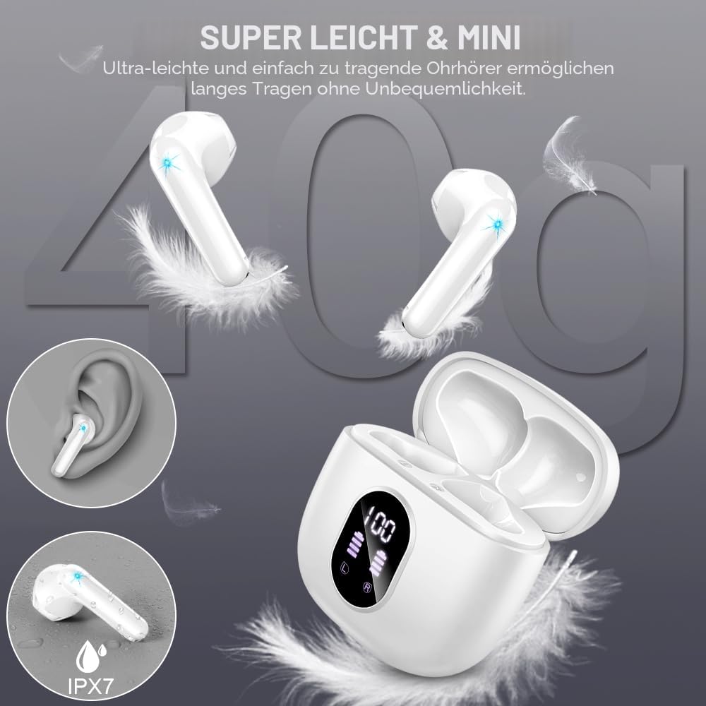 Bluetooth Kopfhörer, Kopfhörer Kabellos Bluetooth 5.4 In Ear kopfhörer bluetooth mit 4 Mic, 50H Kabellose Kopfhörer ENC Noise Cancelling, Tiefer Bass Earbuds IP7 Wasserdicht Ohrhörer, LED-Anzeige