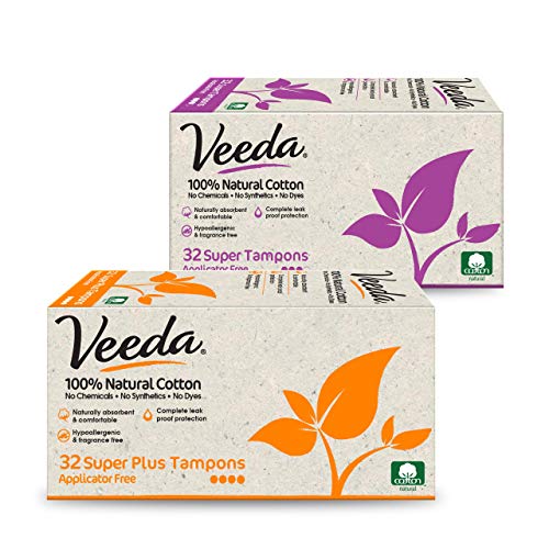 Veeda 100% Natural Cotton Applicator Free Tampons, Chlorine, Toxin and Pesticide Free Digital Tampons, Super and Super Plus, 32 Count Each