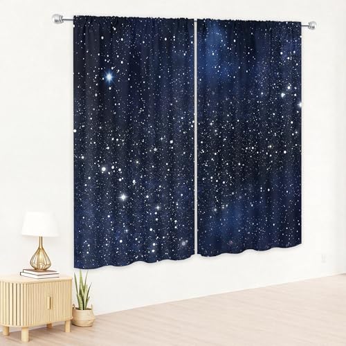 Riyidecor Blue Galaxy Curtains 42Wx63H Inch Starry Sky Stars Outer Space Fantasy Nebula Cosmic Universe Rod Pocket Planet Kids Boys Window Curtain Drapes for Bedroom Living Room Treatment 2 Panels