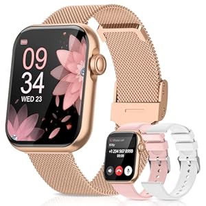 2025 Smartwatch Damen mit Telefonfunktion, 1,85“ Zoll Uhren Damen mit SpO2, 110+ Sportuhr, Herzfrequenz, Schlafmonitor, Menstruationszyklus, IP68 wasserdichte für iOS und Android, Gold