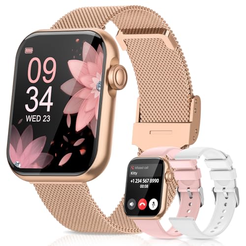 2025 Smartwatch Damen mit Telefonfunktion, 1,85'' Zoll Uhren Damen mit SpO2, 110+ Sportuhr, Herzfrequenz, Schlafmonitor, Menstruationszyklus, IP68 wasserdichte für iOS und Android, Gold