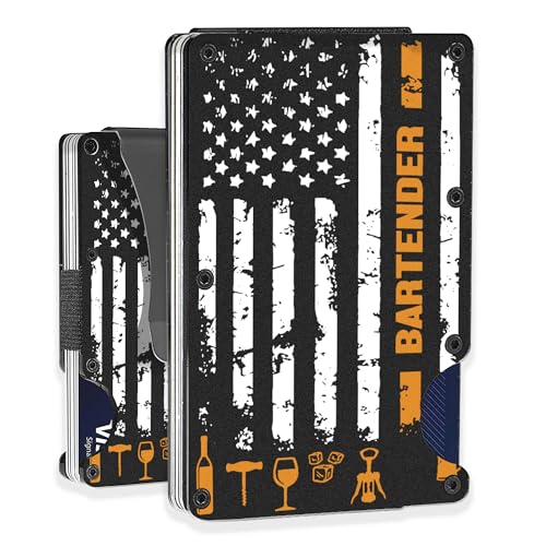 Slim Wallet With Money Clip, Bartender American Flag Wallet Minimalist Blocking Credit Card Holder, Custom Name Bartender US Flag Wallet, Gift To Bartender, Gift On Birthday, Black, MW001