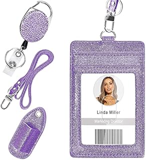 Retractable ID Badge Holder, Multipurpose Bling Rhinestone Badge Reel with Belt Clip, Shiny PU Leather Badge Holder with Lanyard and Pen Holder for Nurse, Teacher, Student, Office Worker (Purple)