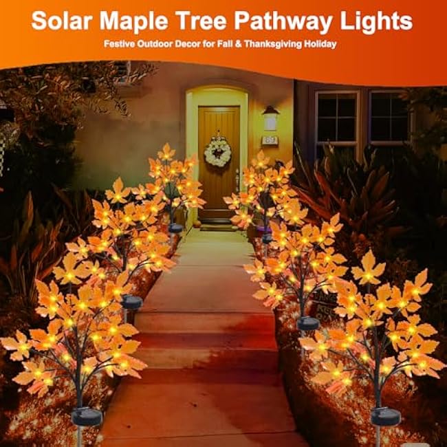 3 Packs 60 LED Fall Decor Thanksgiving Decorations Outdoor, Solar Maple Leaf Lights Fall Decorations, Outdoor Thanksgiving Lights, Orange Fall Lights for Autumn Harvest Halloween Thanksgiving Decor
