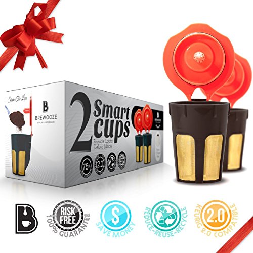 Brewooze 5127904 Reusable Carafe Pod Filter Reusable Cup for Keurig 2.0 K500, K400, K300, K200, Pack of 2, Gold