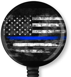 Thin Blue Line Badge Reel Nurse Medical Law Enforcement ID Holder Retractable Badge Holder 1.5 Inch Button (Black, Belt Clip) (Black, Alligator Clip)