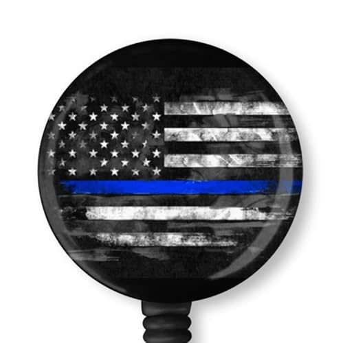 Thin Blue Line Badge Reel Nurse Medical Law Enforcement ID Holder Retractable Badge Holder 1.5 Inch Button (Black, Belt Clip) (Black, Alligator Clip)