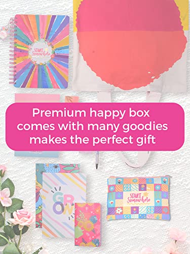 Image of Doodle l The Happy Box Planner Stationery Kit l B5 + Tote Bag + Pouch + Sticker Book + Pocket Planner + Sticky Notebook + Pen + Motivational Cards + Bookmarks with Premium Gift Box (Bright Start)