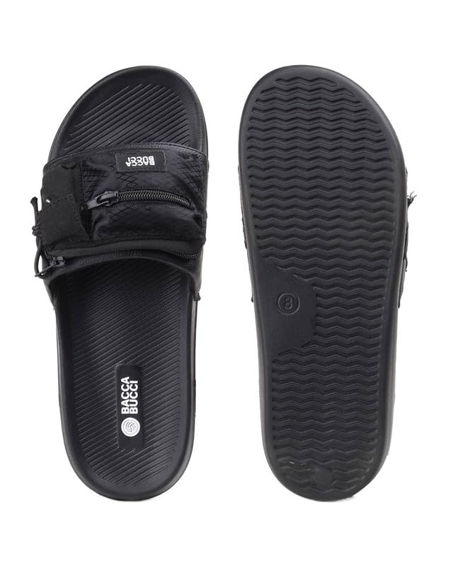 Image of Bacca Bucci Utility Slide for Men | Dual Pocket Slides with Zipper & Velcro Closure | Cushioned EVA Footbed | Casual & Outdoor Slippers