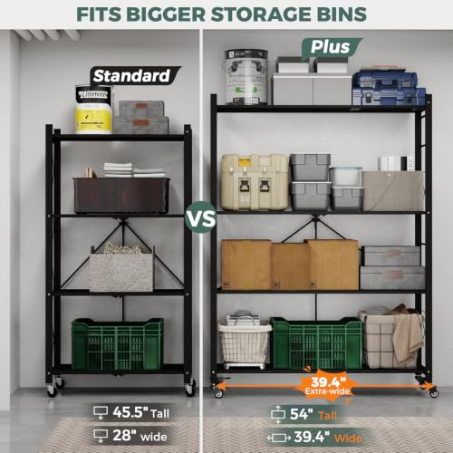 Image of DEANIC 4 Tier Foldable Storage Shelves with Wheels, Large Capacity Shelving Unit, Freestanding Metal Wire Shelf Rack, No Assembly Organizer Rack for Garage Kitchen, Basement, Pantry (1, Black-Plus)