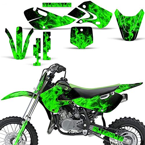 Wholesale Decals MX Dirt Bike Graphics kit Sticker Decal Compatible with Kawasaki KLX110 KX65 2002-2009 - Flames Green