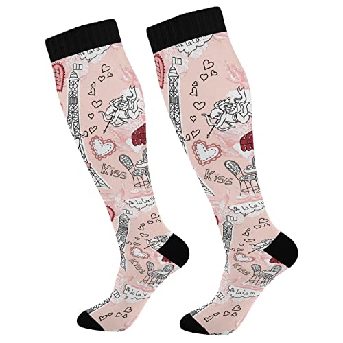 Calcetines de compresión de varios hongos negros para mujer, calcetines deportivos altos y largos para hombre, correr, deportes, enfermería, Love Paris Doodles Rose Heart, talla única