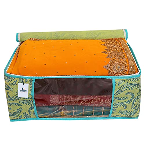 Image of Kuber Industries 45 X 33 X 22 Cm Foldable Saree Covers with Zip|Non Woven Clothes Organiser for Wardrobe | Leaf Print with Transparent Window | Pack Of 3 (Green)