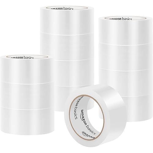 Amazon Basics Strong Plastic Adhesive Packaging Tape for Shipping, Moving and Storage, Clear, Low Odor, 1.88 in x 54.6 yds, 12-Pack
