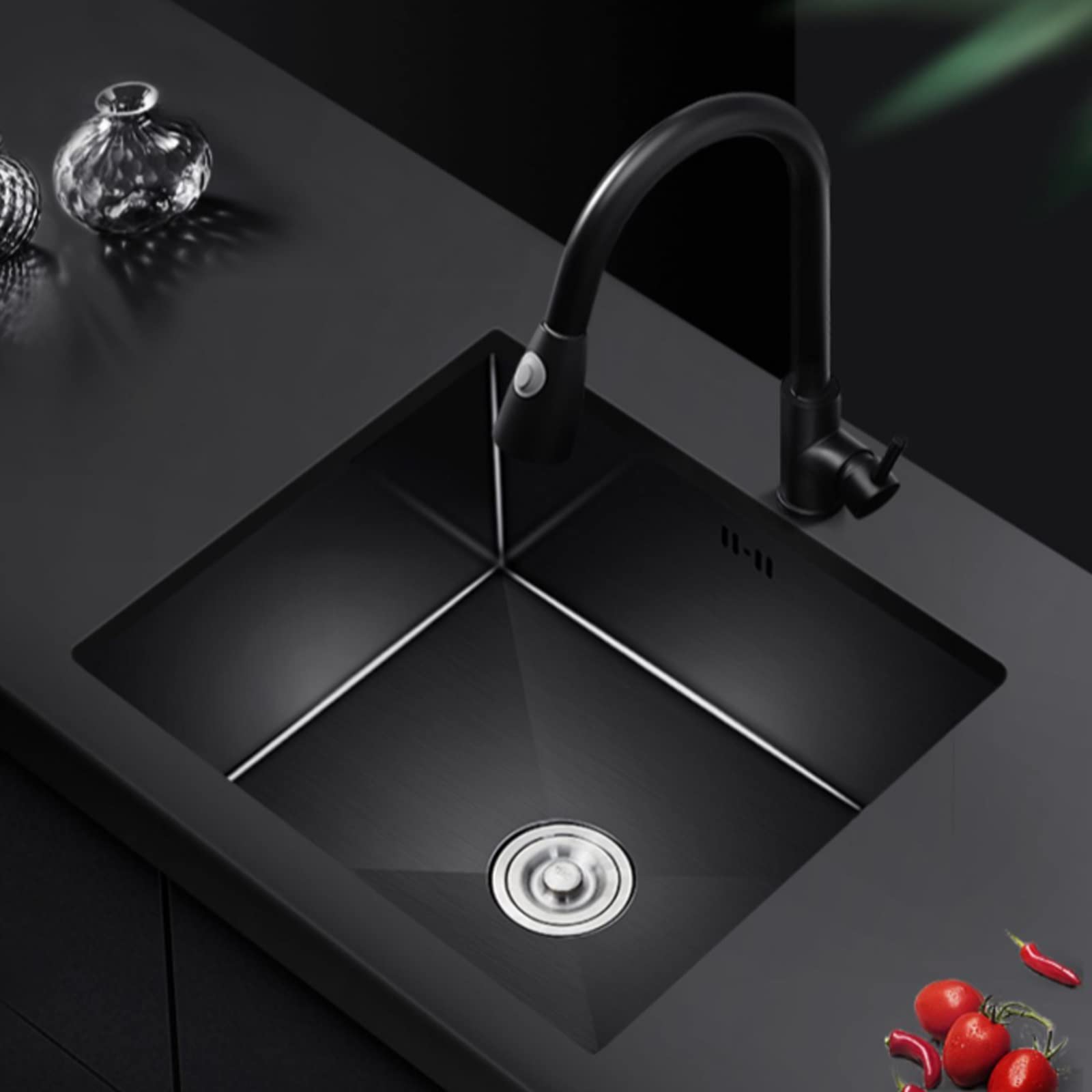 Fregadero De Cocina Bajo Encimera Fregadero De Acero Inoxidable Fregadero De Un Seno Negro Fregadero De Barra Grifo Extraíble Negro Accesorios Incluidos (S : 80x44cm)