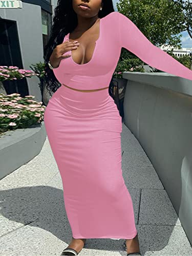 Image of Women Sexy Two Piece Skirt Outfits Long Sleeve /Sleeveless V Neck Bodycon Ribbed Knitted Maxi Club Party Dress