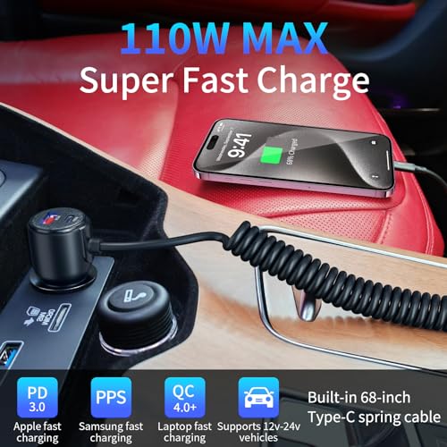 Faninso 110W Fast Charging USB Car Charger, 3-Port Type-C Car Adapter with Retractable Cable for iPhone15/14/13, iPad, MacBook, Samsung Galaxy, and Other USB C Devices