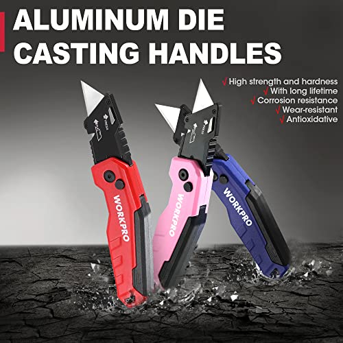 WORKPRO Folding Utility Knife, Quick Change Box Cutter, Razor Knife for Cartons, Cardboard, Boxes, Blade Storage in Aluminum Handle, 13 Extra Blades Included (Red) - Image 8