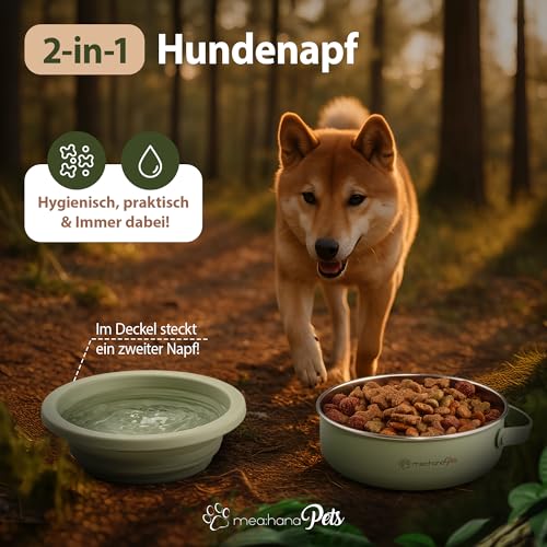 mea:hana Pets Futternapf für unterwegs 900ml mit Deckel -Ideal für Reisen,Outdoor- Edelstahl Futternapf mit faltbarem Silikondeckel als Zweitnapf, Hundezubehör - robust, kompakt, hygienisch