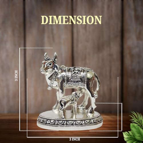 Image of Gold Art India Kamdhenu Cow and Calf Idol | Silver Finish Decorative Murti | 7.62 cm x 7.62 cm | Sacred Gau MATA Statue for Home Temple & Gift