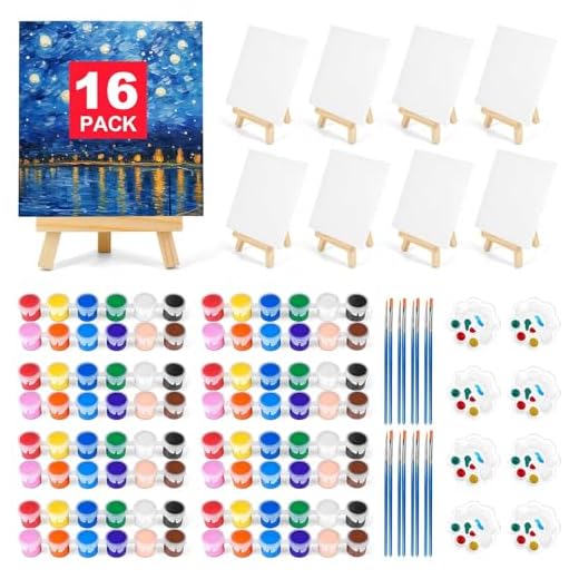 16 Pack 8 * 10In Canvas Boards for Painting, Art Canvas for Drawing with 32 Brushes & 16 Paint Trays & 32 Acrylic Paint, Mini Painting Canvas with Easel Set, Painting Kits for Adults & Kids Party