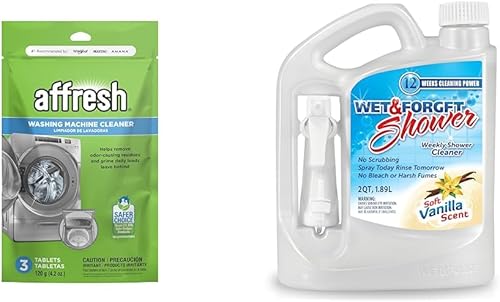 Affresh Limpiador de lavadora, limpia las lavadoras de carga frontal y carga superior, incluyendo HE, 3 tabletas y limpiador de ducha Wet & Forget