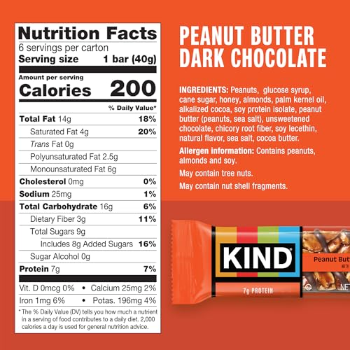 Image of KIND Healthy Snacks Bars, Peanut Butter Dark Chocolate, Gluten Free, Low Sodium Snacks, 7g Protein, 6 Count