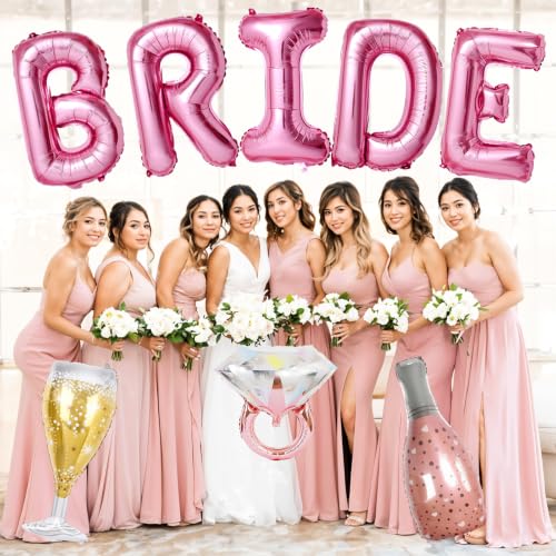 Image of 40inch Bride Balloons Pink Letters Banner, Bachelorette Party Decorations Set with Diamond Ring Champagne Bottle Balloon Glass Foil Balloon for Pink Bachelorette Engagement Wedding Bridal Shower Decor