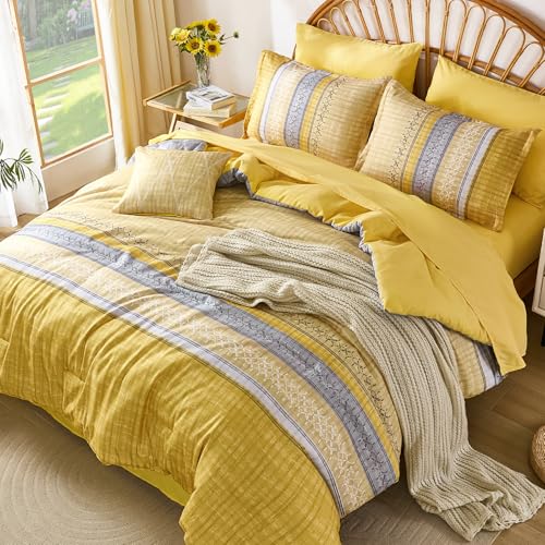 Image of Boho Queen Comforter Size Set, 8 Pieces Yellow Striped Texture Bed in a Bag Bedding Sets, Lightweight Soft Bohemian Comforter and Sheet Set, All Season Microfiber Teen Boys Bedding Sets for Men Women