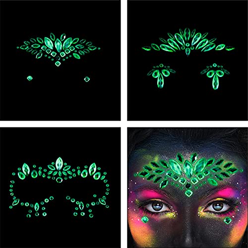 Face Gems-6Sheets Face Jewels Stick On Rhinestones Stickers+30G Chunky Glitter, Gemstones Temporary Tattoo Gifts For Women, Festival Rave Outfit Euphoria Accessories (3Luminous) #TOP3