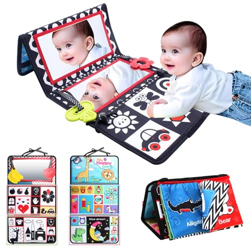 KINDLUME Espejo Bebé, Libro Sensorial Bebé, Juguete de Tela, Tarjetas de Contraste Bebé con 6 Lados y Espejo de Seguridad, Plegable 2 en 1 para Tummy Time, para Recién Nacidos 0 12 Meses