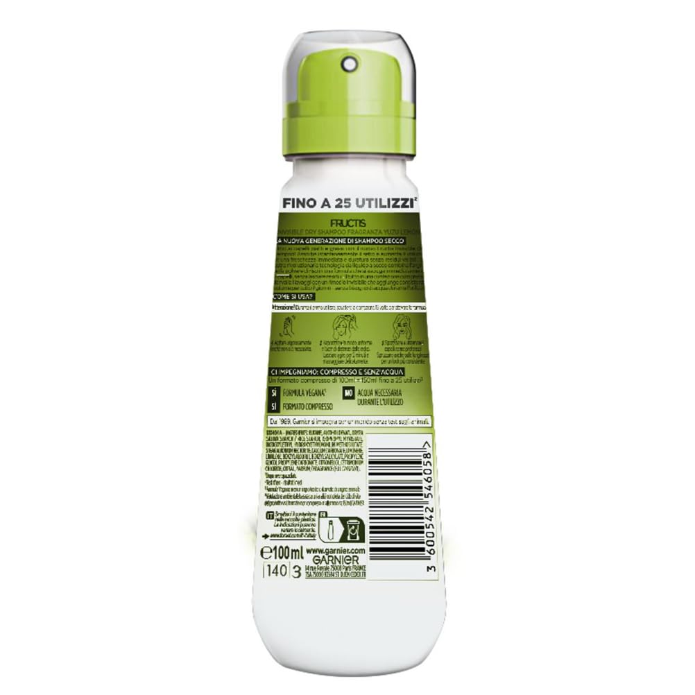 Garnier Fructis Shampoo Secco Senz'Acqua, Per Tutti i Tipi di Capelli, Effetto Rinfrescante e Volumizzante, Senza Residui, Invisible Dry Shampoo, Fragranza Yuzu Lemon, 100 ml