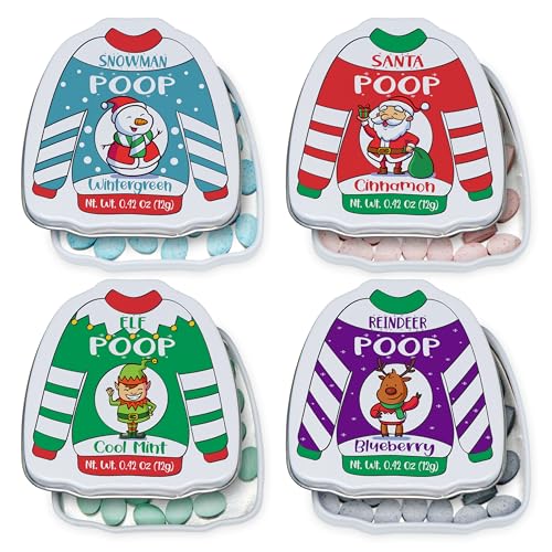 4E's Novelty 'Christmas Poop' Mint Candy Tins 4 Pack, Stocking Stuffers fo Kids Breath Mints, Funny Christmas Candy Stocking Stuffer for Boys Girls Funny Gag Gift White Elephant Gift Exchange for Adults Men Women