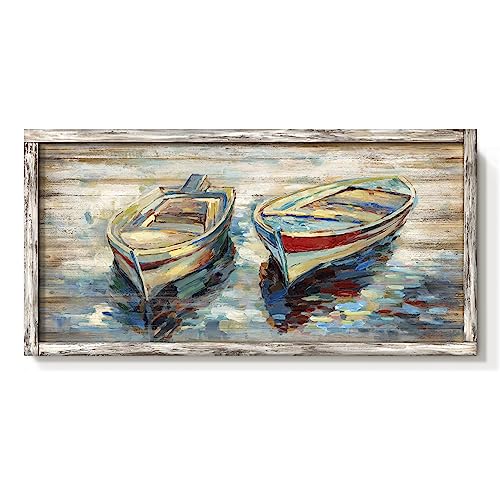 Nautical Boats Framed Wall Art: Beach Sailing Boat Painted Sea Canoe Picture Lake Painting Abstract Sail Artwork Seaside Rowboat Picture Decor for Living Room Bedroom