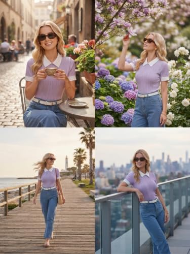 Image of Leriya Fashion Women's Ribbed Knit Polo Top - Short Sleeve Slim Fit Collared T-Shirt, Lightweight Breathable Summer Casual Blouse for Office, Daily, Vacation & Street Style