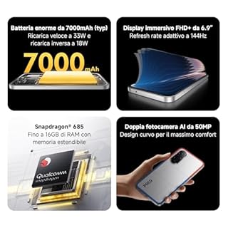 POCO M7, Smartphone 8+256GB, Display FHD+ da 6,9" 144Hz, Snapdragon 685, Doppia fotocamera AI da 50MP, Batteria da 7000mAh, Garanzia di 2 anni, Nero, Caricabatterie non incluso