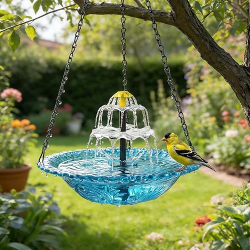 Baño colgante para pájaros con fuente solar en cascada, baño colgante para colibríes con bomba solar, agua colgante, atrae colibríes y pájaros silvestres, regalo de jardín, decoración de jardín, patio