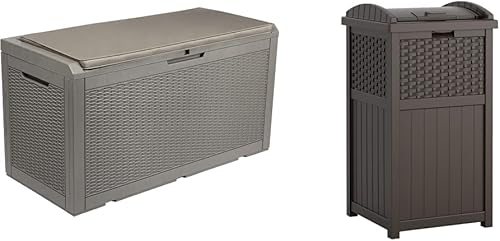 YITAHOME Caja grande de resina de 100 galones para almacenamiento al aire libre con cojín y Suncast lata escondida de 33 galones, basura al aire