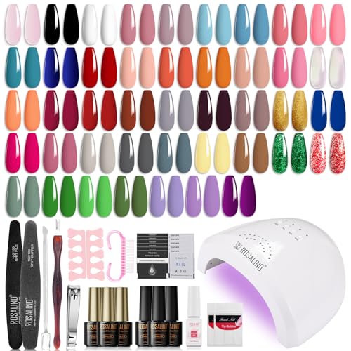 ROSALIND Kit Uñas Semipermanentes con 48W Lámpara, Esmaltes Semipermanentes Kit Completo, 43 Colores Mini Rosa Negro Blanco Verde Morado Azul Glitter Pintauñas Semipermanentes UV LED con Base Top Coat