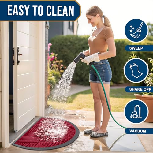 Image of Smiry Half Circle Front Door Mat Outside Entrance, Heavy Duty Sturdy Natural Rubber Doormat, Trap Dirt and Moisture, Low Profile Mats for Indoor Outdoor Entry, Irregular Triangle (29.5x17, Wine Red)